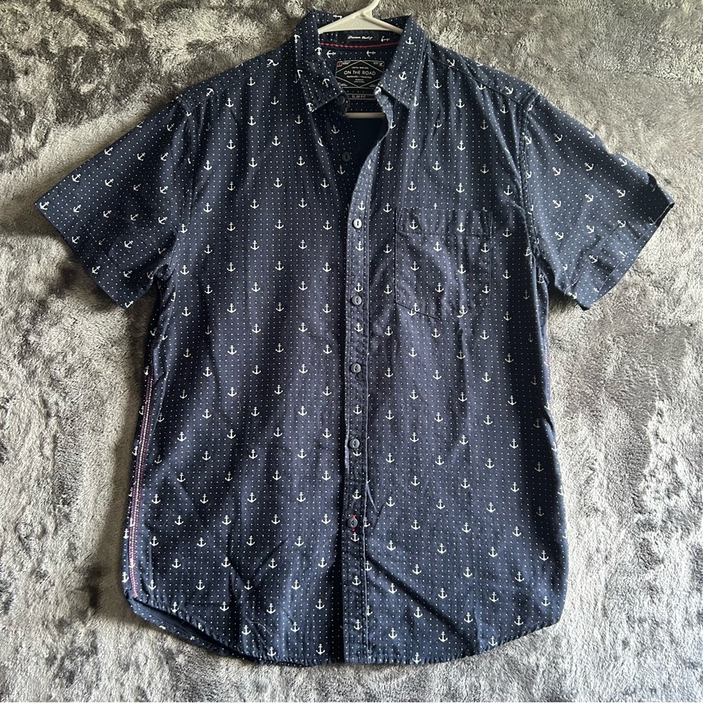 On The Road Shirt Mens‎ M Slim Fit Anchor Nautical Button Up Coastal Beach